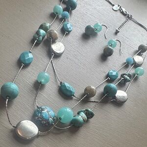 Turquoise Bead Multi-Strand Necklace and Earring Set - Blue